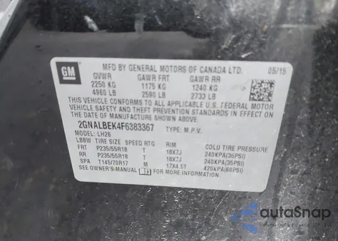 2015 Chevrolet Equinox 1Lt from USA, damaged, VIN 2GNALBEK4F6383367